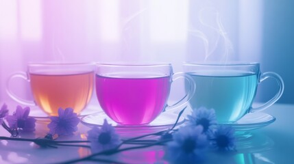 Vibrant Teas with Artistic Presentation and Ambient Lighting