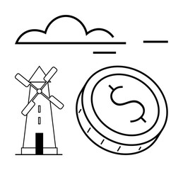 Coin with dollar sign, windmill, and cloud outline. Ideal for finance, sustainability, clean energy economics farming conservation eco-friendliness. Line metaphor. Line metaphor. Simple line icons