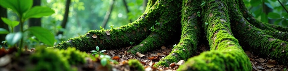 Tree roots with green moss and vines in the tropical forest environment, flora, natural