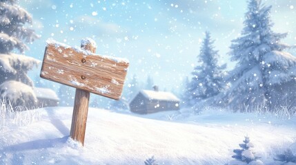 Fototapeta premium Snow-Covered Wooden Signpost in a Wintery Forest Landscape