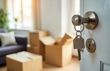 New home keys inserted in door. Room full of cardboard boxes. Relocation in progress. Couple moving into new apartment condo. Hold hands. Couple looks happy, excited about new life together. Great