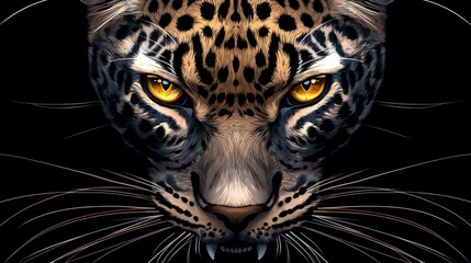Obraz premium Portrait of leopard with detailed fur patterns and sharp whiskers, against deep black, digital art highlighting its predatory presence