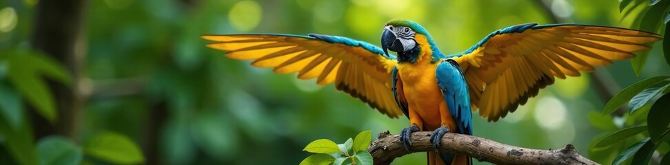 Obraz premium Bright blue macaw perched on branch with vibrant yellow feathers spread wide, aviary, feather