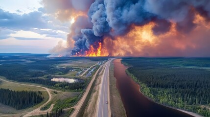 Urban outskirts with wildfire advancing, fiery blaze, dense smoke clouds above