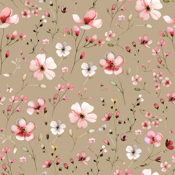 Seamless Pattern Design with Pink Floral Branches and Leaves on a Background &ndash; Perfect for Home Textiles, Fabric Design, Wall Decor, Scrapbooking, Digital Paper, Notebooks, and More