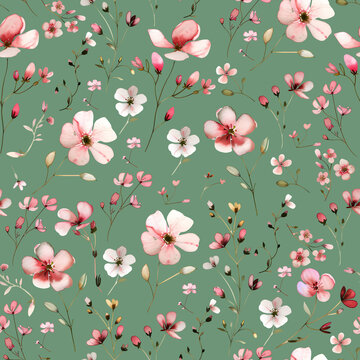 Seamless Pattern Design with Pink Floral Branches and Leaves on a Background &ndash; Perfect for Home Textiles, Fabric Design, Wall Decor, Scrapbooking, Digital Paper, Notebooks, and More