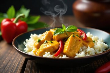Steaming plate of cashew chicken curry with rice and red pepper, nutrition, comforting