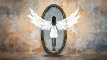 Woman discovering angelic wings in mirror reflection, surreal artwork depicting self discovery and hidden potential