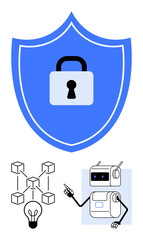 Shield with lock blockchain network diagram light bulb, and robot holding a pen. Ideal for digital security, cybersecurity, blockchain technology, innovation, AI, automation, protection. Line