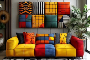 Vibrant Retro Living Room with Sofa and Cloth Wall Art