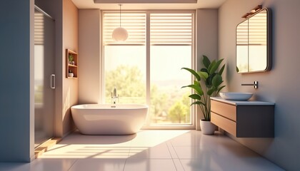 Modern bathroom design with contemporary style. Sunlit interior space shows white bathtub, wooden vanity. Large window offers view of natural scenery. Empty space suggests luxurious, clean