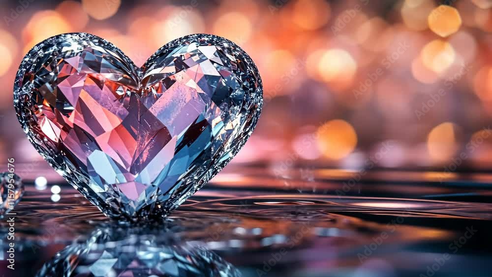 Poster beautiful crystal heart reflecting light in a shimmering background with bokeh effects during evenin