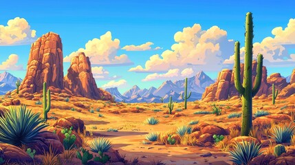 Desert Landscape with Tall Cacti and Red Rock Formations
