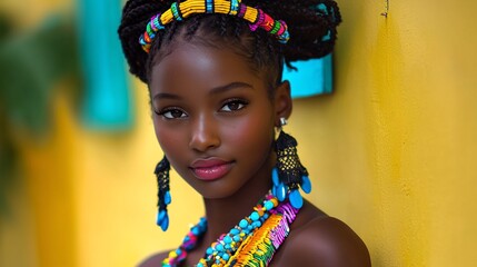 Portrait of a beautiful young Black woman with colorful braided hairstyle and jewelry, leaning against a yellow wall.