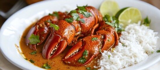 Lobster curry served with jasmine rice, garnished with cilantro and lime wedges 