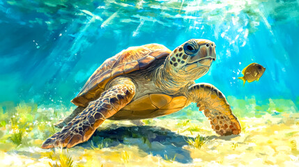 Fototapeta premium Sea turtle swimming in the ocean with cleaning fish