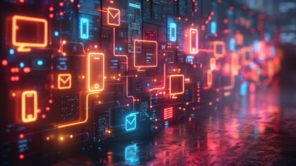 Obraz premium Craft a neon display of computer education symbols, featuring shining