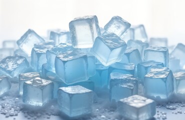 Pile of transparent light blue ice cubes. Crystalline structure, frosty texture. Frozen water cubes form visually appealing heap. Ice cubes close up. Cool, refreshing visual. High quality image.