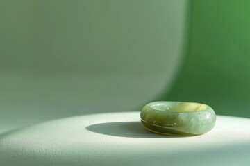 A polished jade ring rests on a pale green surface, bathed in soft sunlight.