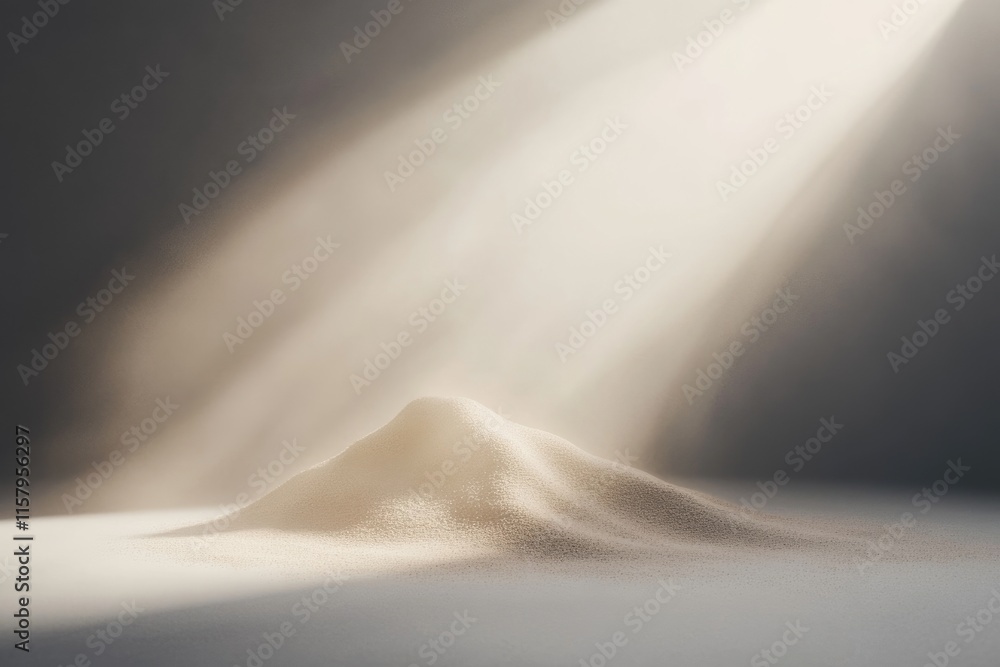 Poster a small pile of sand illuminated by a single ray of light in a minimalist setting.
