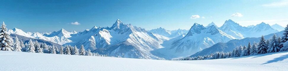 Fototapeta premium Snowflake covered winter landscape with blue sky and mountains in the background, serene, mountains, landscape