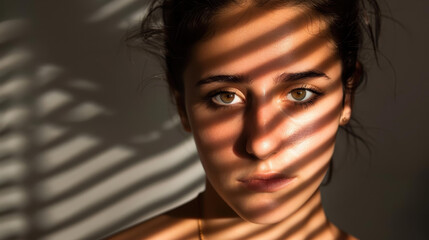 A young woman gazes softly, with light accentuating her features, capturing a moment of serene beauty and grace.