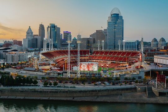 Cincinnati Reds' Great American Ball Park at twilight, city skyline in background. Evening view from above. Great American Ball Park, Cincinnati, Ohio, United States. 21 September 2024