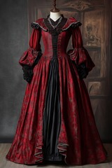 A beautifully crafted Victorian dress in rich red showcases intricate details and exquisite design.