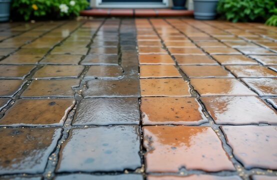 Patio paving slabs show clear contrast between dirty, clean areas. One half noticeably dirtier. Side looks clean after pressured water washing. Water still on both sides. Outdoor scene. Cleaning job