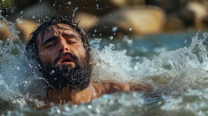 Fototapeta premium A beautiful illustration of the Jordan River, depicting its flowing waters and lush surroundings as Naamã prepares to immerse himself, with sunlight glistening on the water's surface