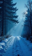 Frosty morning mist fades into velvety darkness, blue christmas background, mystical night, serene shadows