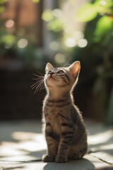 Naklejka premium An adorable kitten looking up brightly in soft sunlight.