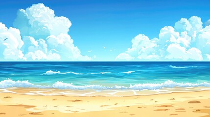 Obraz premium A picturesque seascape with a sandy beach, blue water, and fluffy white clouds.