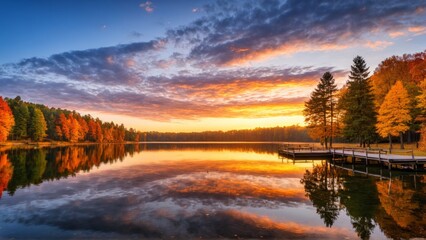 Fototapeta premium Tranquil autumn sunset over lake with vibrant reflections and colorful foliage
