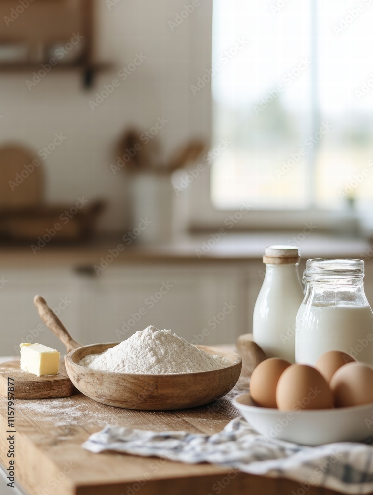 Poster ingredients for baking displayed on a wooden counter in a cozy kitchen with natural light and space 