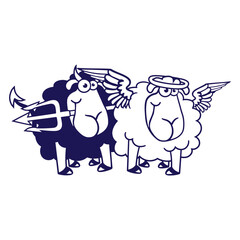 2 Sheep Angel Devil Satan Hell Evil Heaven Good Design Lover Art Vector Illustration Card T-Shirt Poster Sticker Graphic Print Decorative Drawing Isolated Logo Decoration Symbol Creative Cool Style
