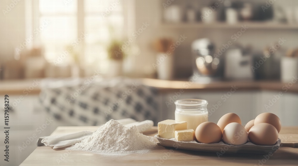 Aufkleber ingredients for baking displayed on a wooden kitchen counter with sunlight filtering through a windo