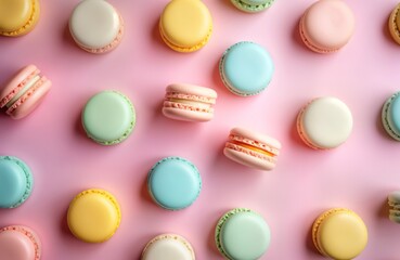 Obraz premium Colorful macarons arranged in flat lay pattern on pastel pink background. Pastel colors, delicious looking french treats. Sweet, tasty dessert perfect for cafes parties. Perfect for displaying