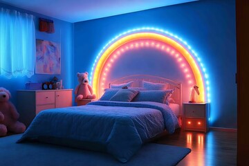 Girls bedroom with rainbow LED lights above bed