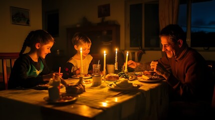 Family enjoying a simple meal at a candlelit table creating a peaceful mindful atmosphere