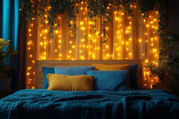 Cozy bedroom with fairy lights and plants