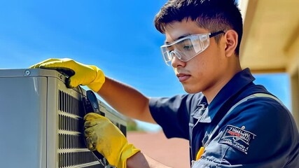 A young Asian male technician, wearing safety goggles and gloves, works diligently on an air conditioning unit. The bright blue sky reflects his focus and the sunny atmosphere of his surroundings.