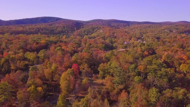 Aerial flyover of autumn colors in the Hudson River Valley of upstate New York