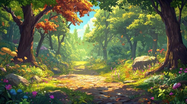 Sunlit Forest Path with Butterflies and Flowers