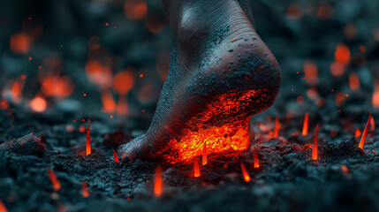 A foot treads across a landscape of fiery embers with the heat radiating outward, depicting the difficulties and obstacles in life,