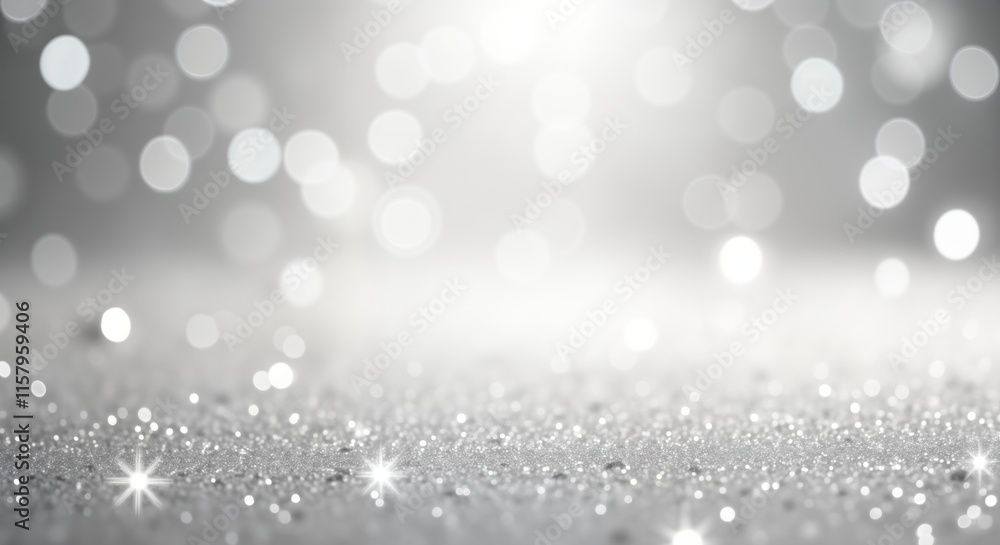 Poster abstract silver glitter background with blurred bokeh lights. shiny shimmering texture creates elega