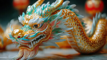 Fototapeta premium Golden dragon sculpture with a stylized body, detailed scales, and colorful tones, captured in an artistic and ceremonial setting. Generated with AI.