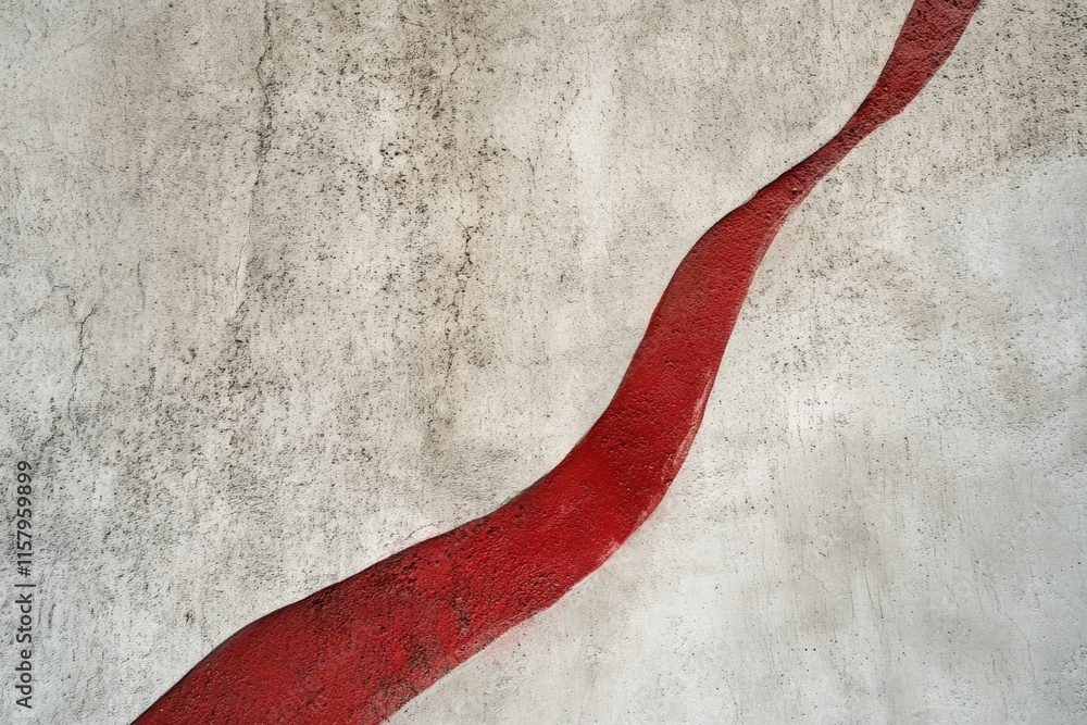 Poster abstract red paint on a textured grey wall, creating a flowing, dynamic composition.