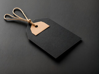 Black paper tag with a small kraft paper tag and twine string on a dark textured background, ideal for mockups or elegant branding designs  .