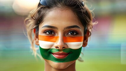 Cheerful Indian woman in tricolor face paint at sports event, cheering for team, stadium backdrop.